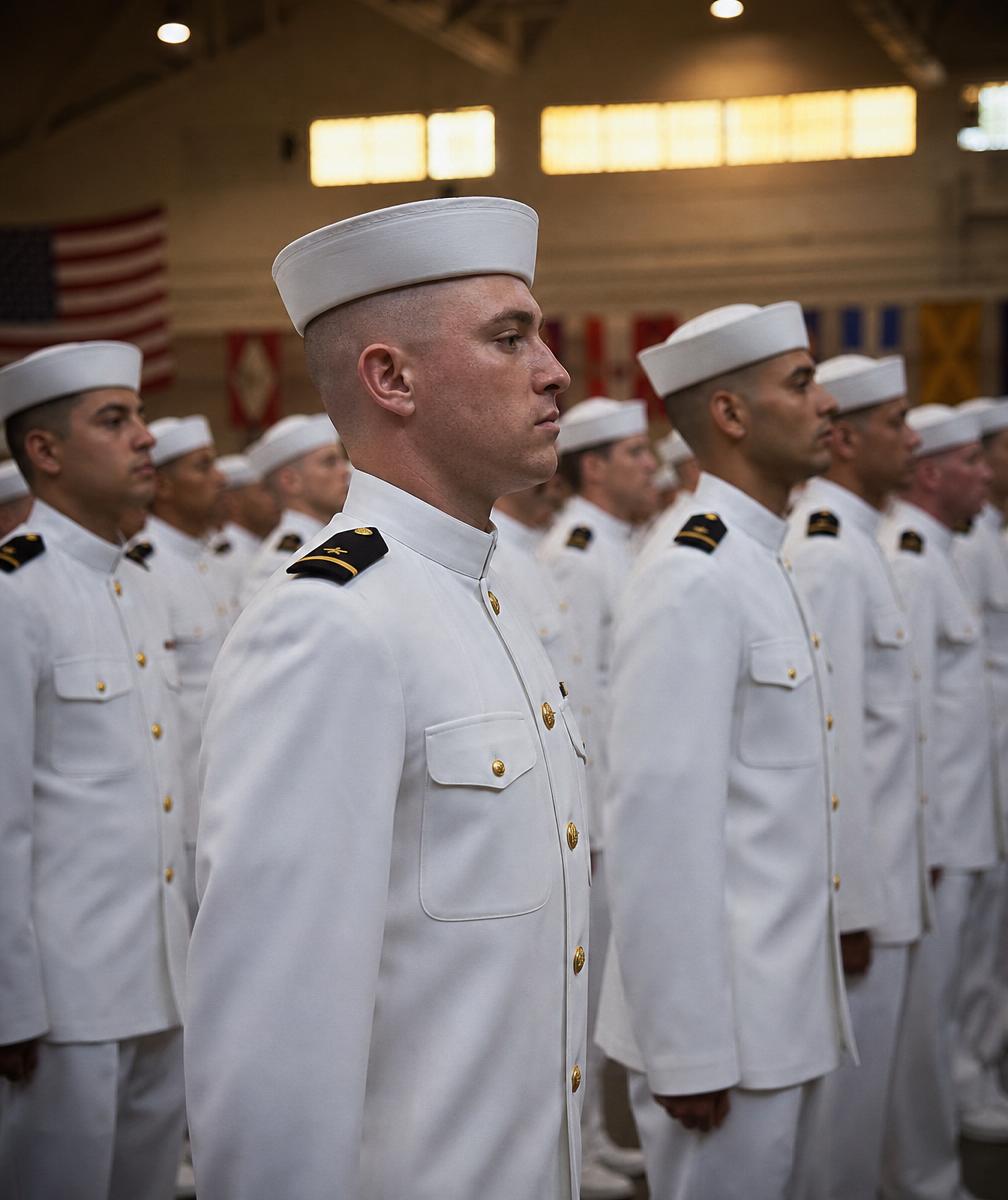 U.S. Navy sailors in dress white uniforms standing at attention during Pass-in-Review at Naval Station Great Lakes