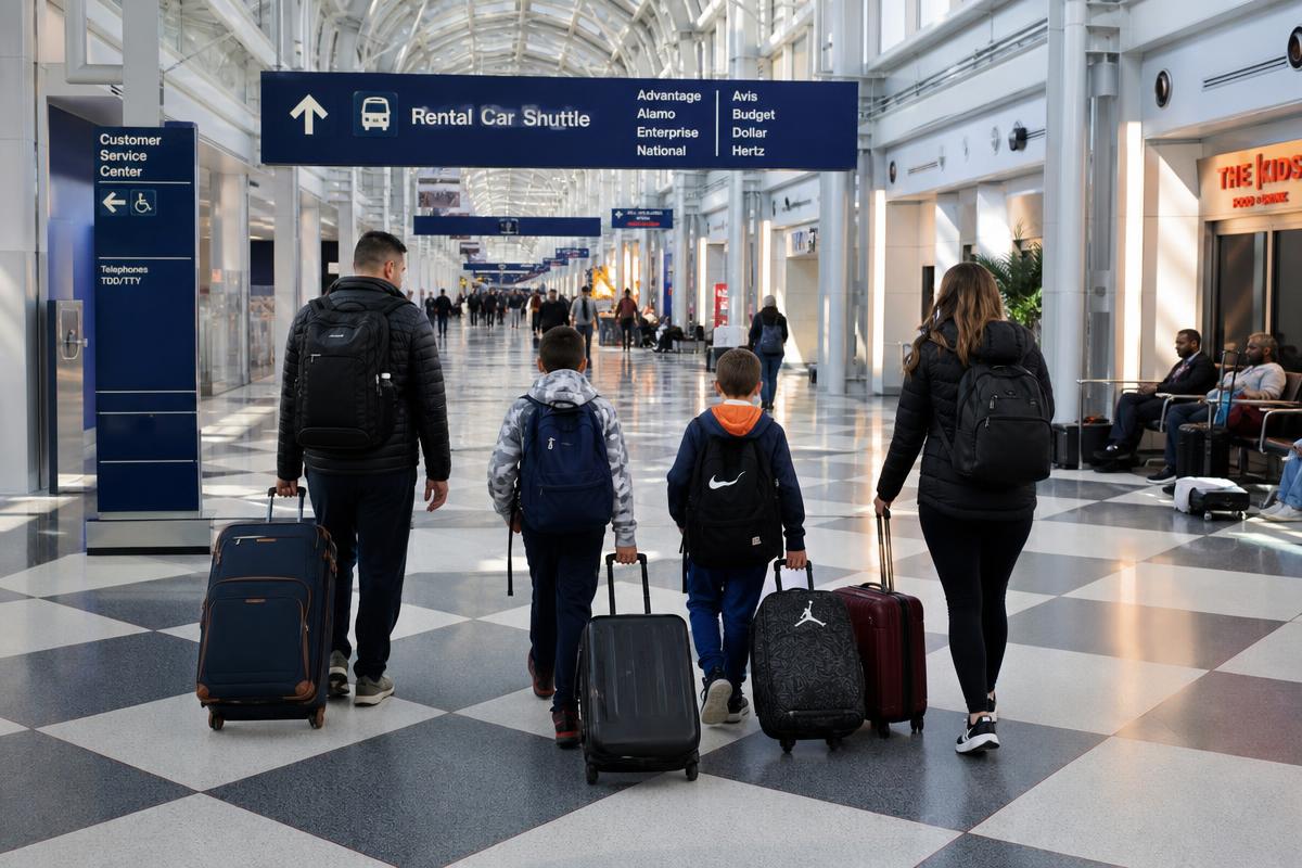 Family with luggage walking through O'Hare International Airport