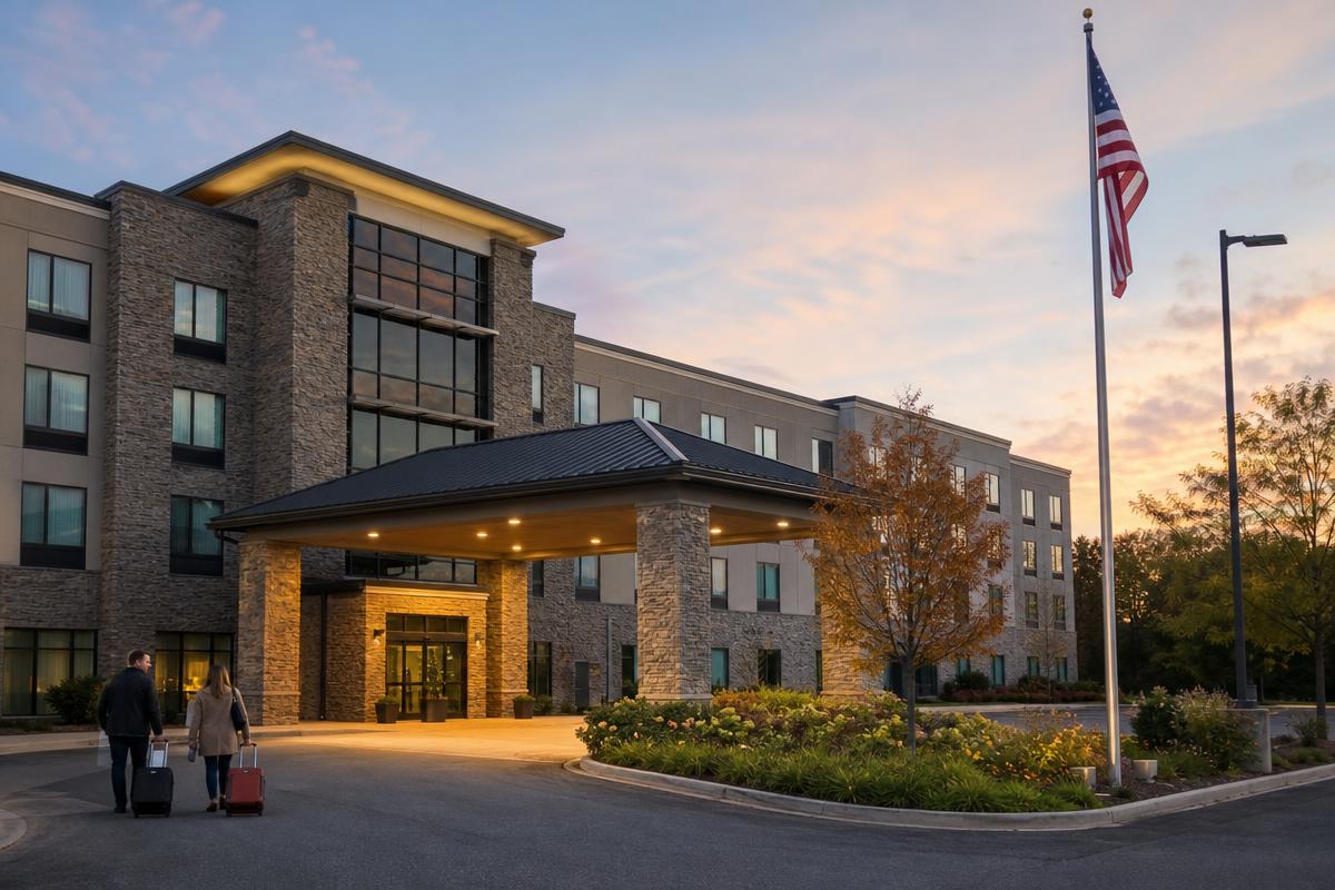 Suburban hotel exterior near Naval Station Great Lakes